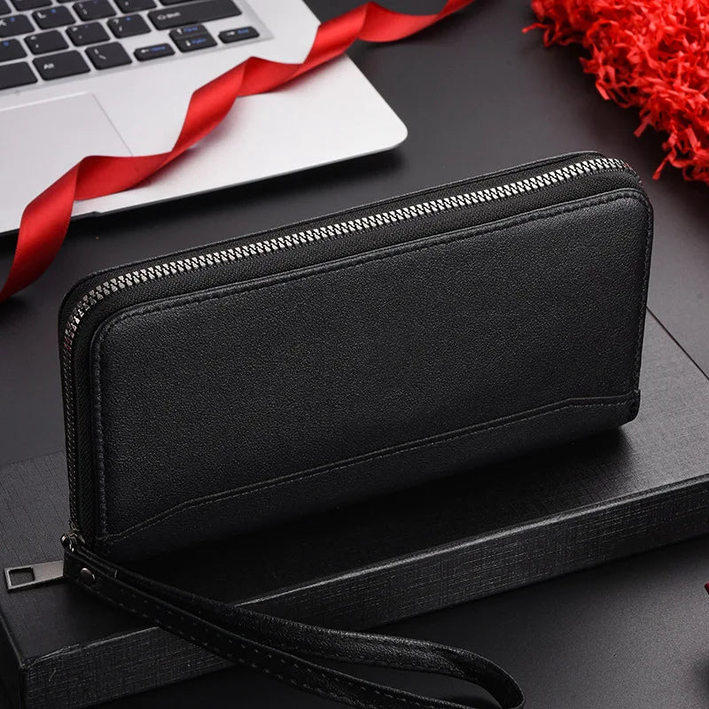 New Men's PU leather Splice mass long zipper wallet New soft Fashion clutch bag Hand clutch bag Zipper clutch bag
