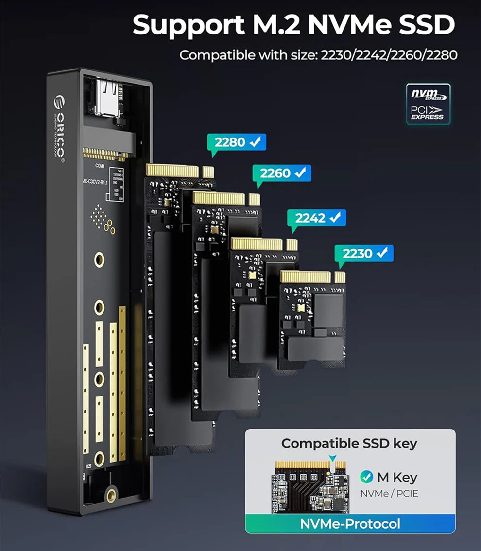 ORICO M.2 NVMe Enclosure USB 3.2 10Gbps SSD Storage Box  Dual Protocol NVMe Solid State Drive External Case M2 HD Hard Disk