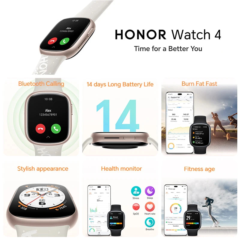 Global Version HONOR Watch 4 Smart Watch 5ATM Blood Oxygen Monitor BT5.2 GPS Bluetooth 5.2 Up to 14 Days Long Battery