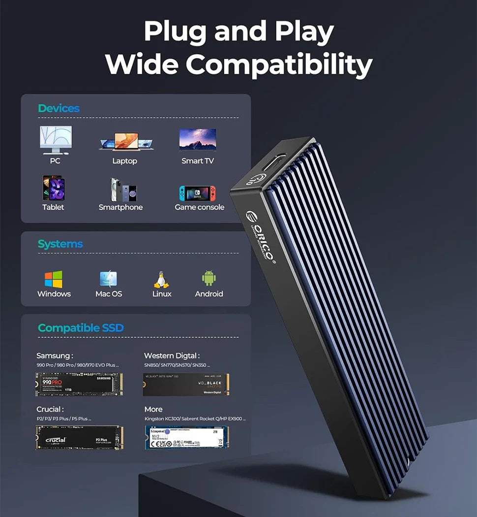 ORICO M.2 NVMe Enclosure USB 3.2 10Gbps SSD Storage Box  Dual Protocol NVMe Solid State Drive External Case M2 HD Hard Disk