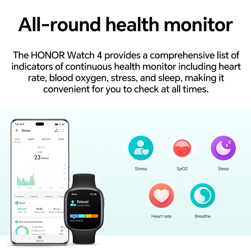 Global Version HONOR Watch 4 Smart Watch 5ATM Blood Oxygen Monitor BT5.2 GPS Bluetooth 5.2 Up to 14 Days Long Battery