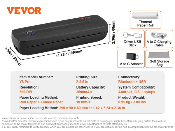 VEVOR Portable Bluetooth Inkless Mobile Thermal Printer for A4 A5 11-2600mAh Battery Compatible with Mutiple Systems Home Office